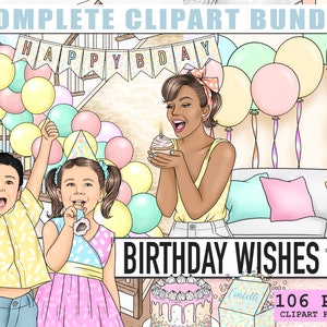 Geburtstags-Clipart-Bundle, Planer-Aufkleber-Kit, Feier PNG-Illustration, schwarze Mode-Mädchen-Clipart, Erin Condren druckbar, Kuchen PNG