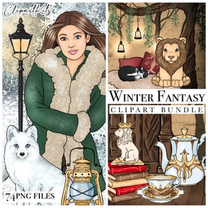 Kit de cliparts fantaisie hiver, forêt enneigée PNG planificateur imprimable, Art de la sublimation fille mode vacances, fichiers autocollants Cricut découpés