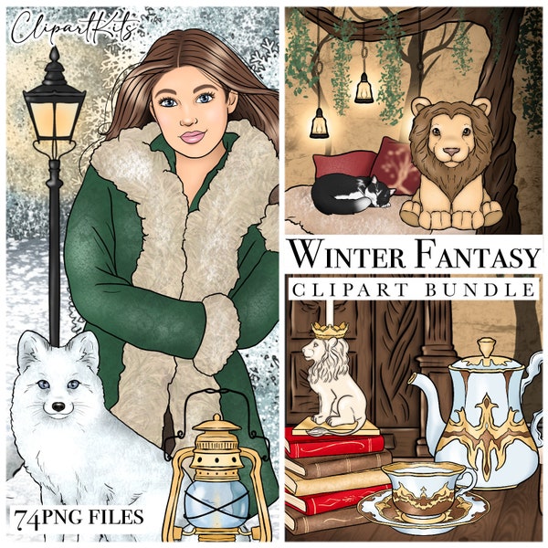 Winter Fantasy Clipart Kit, Snow Forest PNG Printable Planner Bundle, Holiday Fashion Girl Sublimation Art, Diecut Cricut Sticker Files