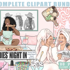 Ladies Night In afdrukbare planner clipart kit bundel, Girls Night graphics, Black Fashion Girl clipart, wijn verwennen ontspannen clipart-elementen