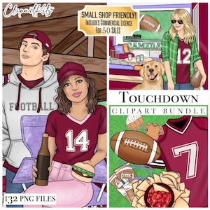 Voetbal clipart planner art set, touchdown familie PNG, sport barbecue spel dag afdrukbare stickers, mode meisje Cricut bestand, commercieel gebruik