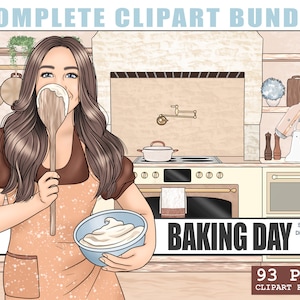 Zestaw clipartów do wydrukowania na dzień pieczenia, ilustracja PNG piekarni, clipart z czarną dziewczyną w stylu babeczki, elementy clipartów gotującej mamy