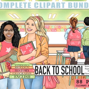 Imágenes prediseñadas de regreso a la escuela, PNG del aula, kit de planificación imprimible, archivos de sublimación de vaso de maestro de primaria, muñeca digital Kawaii, colegiala