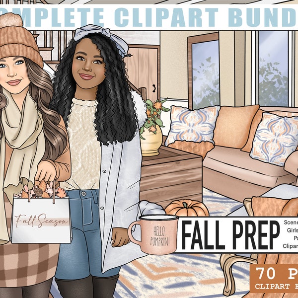 Fall Clipart Bundle, Autumn Planner Printable Stickers, Autumnal Farmhouse Rustic PNG, Black Fashion Girl, Erin Condren kit, Digital Papers