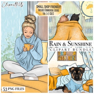 Regen und Sonnenschein Clipart-Bundle, druckbare Sommer-Planeraufkleber, Regnerischer Tag gemütlich PNG, schwarze Mode-Mädchen, Frühlingswetter, Katzenkuscheln