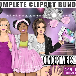 Paquete de imágenes prediseñadas de concierto, kit de pegatinas imprimibles del planificador, PNG de interpretación musical, imágenes prediseñadas de chica de moda negra, archivo de ilustración de músico cantante