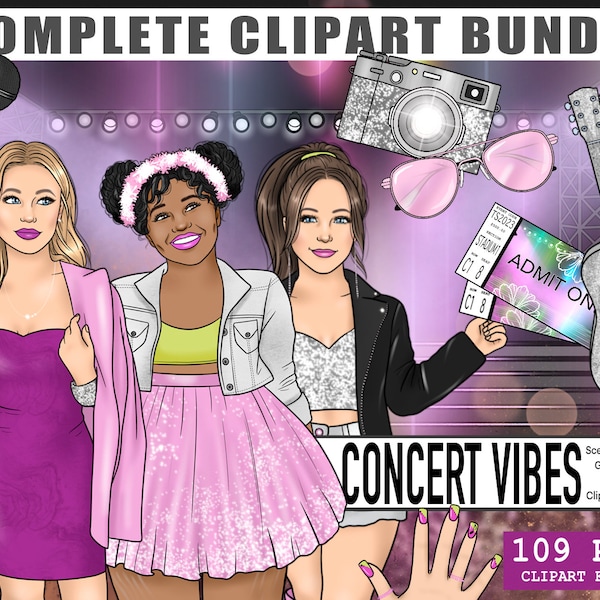 Concert Clipart Bundle, Planner Printable Stickers Kit, Music Performance PNG, Black Fashion Girl Clipart, Singer Musician Illustration file