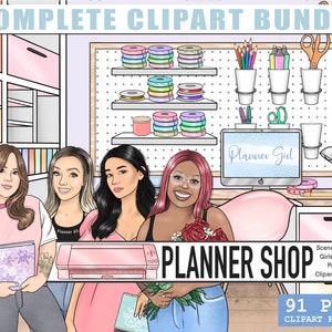 Planer Shop Clipart Bundle, Crafty Sticker Kit, Cricut Cameo Silhouette PNG Illustration, Black Fashion Girl Clipart, druckbare Aufkleber