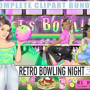 Retro bowlingavond complete planner clipart kit, tien pin bowlingbaan png, zwarte mode meisje kunst, datum nacht afdrukbare stickers bundel