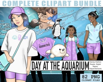 Aquarium Complete Planner Clipart Kit Bundle, Ocean Marine life PNG Illustration, Fashion Girl Clipart, Erin Condren Printable, Fish Clipart