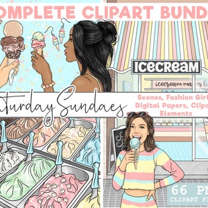 Saturday Sundae Ice Cream Complete Planner Clipart Kit Bundle, Zomerdessert Handgetekende PNG-illustraties, Erin Condren Digital Planning