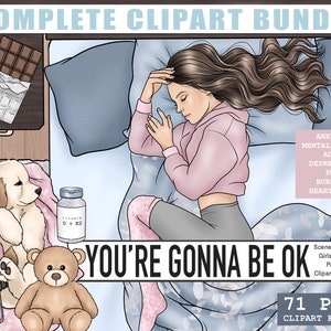 Você ficará bem Kit de clipart de planejador completo de saúde mental, PNG de ansiedade de depressão, arte feminina de moda preta, pacote de adesivos para impressão de TDAH PMS