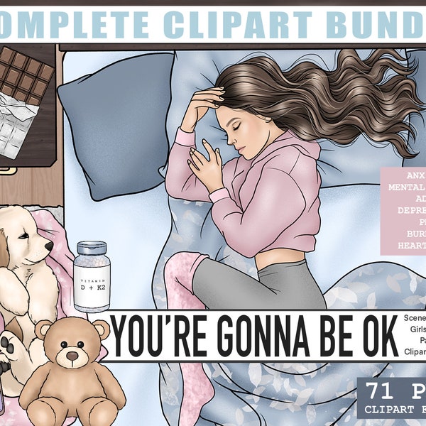 You’ll Be Ok Mental Health Complete Planner Clipart Kit, Depression Anxiety PNG, Black Fashion Girl Art, ADHD PMS Printable Stickers Bundle