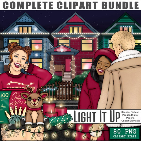 Light It Up Christmas Clipart Bundle, guirlandes lumineuses PNG Cricut silhouette fichiers, autocollants imprimables de vacances festives de Noël, planificateur de fille de mode