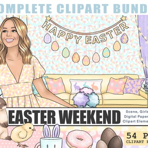 Kit de cliparts agenda complet Pâques week-end, printemps dessiné à la main PNG Illustration, noir Fashion Girl Clipart, Erin Condren numérique