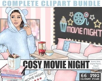 Zestaw kompletnych klipartów Movie Night Planner, Chick Flick ręcznie rysowana ilustracja PNG, Clipart z czarną modą, Erin Condren Digital