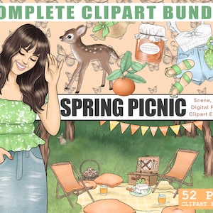 Lente picknick complete planner clipart kit bundel, Forest Park handgetekende PNG-illustratie, Black Fashion Girl-clipart, Erin Condren digitaal