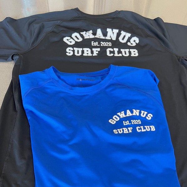 Gowanus Surf Club Malibu Rash Guard in Black and Royal Blue | All Sizes Available | Summer Beachy Surf Rash Guards | Brooklyn Surf Apparel