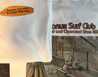 Gowanus Surf Club's "Swamp Octopus" Surf T-Shirt in White | Two Sided | Sludgy Lives! | Brooklyn NYC Surf Shop Shirt Vintage Retro Style Tee