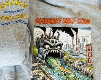 Gowanus Canal Surf Monster Retro Surf Hoodie | Athletic Gray All Sizes | Gowanus Surf Club Brooklyn USA | Classic Retro Surf Shop Sweatshirt