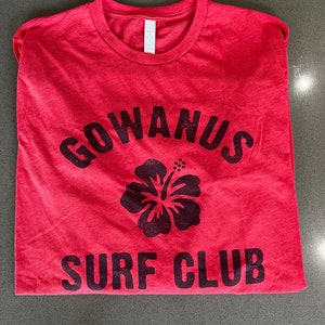 Gowanus Surf Club Classic Hibiscus Red Tri-Blend T-Shirt | Long Sleeve! | Classic Vintage Style Surf Gear from Brooklyn NYC |  Maui Strong |