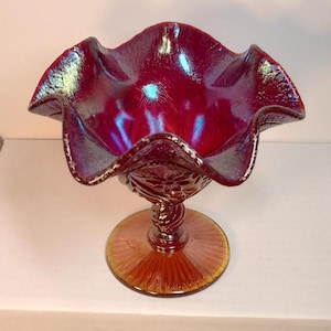 Fenton Iridescent Red Stretch Compote, Candy Dish, Beautiful Colors