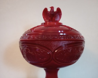 Vintage Fenton Red Art Glass Bicentennial Compote, with Eagle and Patriotic Quotes on Lid