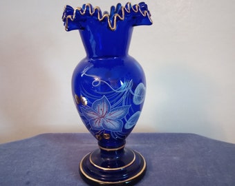 Bohemian Blue Glass Vase with Flowers and Gold Accents, Czech Republic, Countess Collection (Vintage)