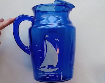Hazel Atlas White Ships Pitcher, Sportsman Series Cobalt Ritz Blue with Ice Lip, Beautiful Vintage Barware and Drinkware