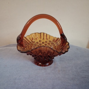 Fenton Glass Basket Amber Hobnail Basket Bowl with Ruffle Lip (Vintage)