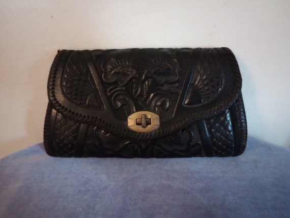 Vintage Hand Tooled Leather Clutch Purse, with Ho… - image 1