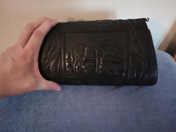 Vintage Hand Tooled Leather Clutch Purse, with Ho… - image 5