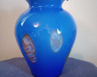 Murano Art Glass Millefiori Hand Blown Cobalt Blue Scalloped Cased Vase (Vintage)