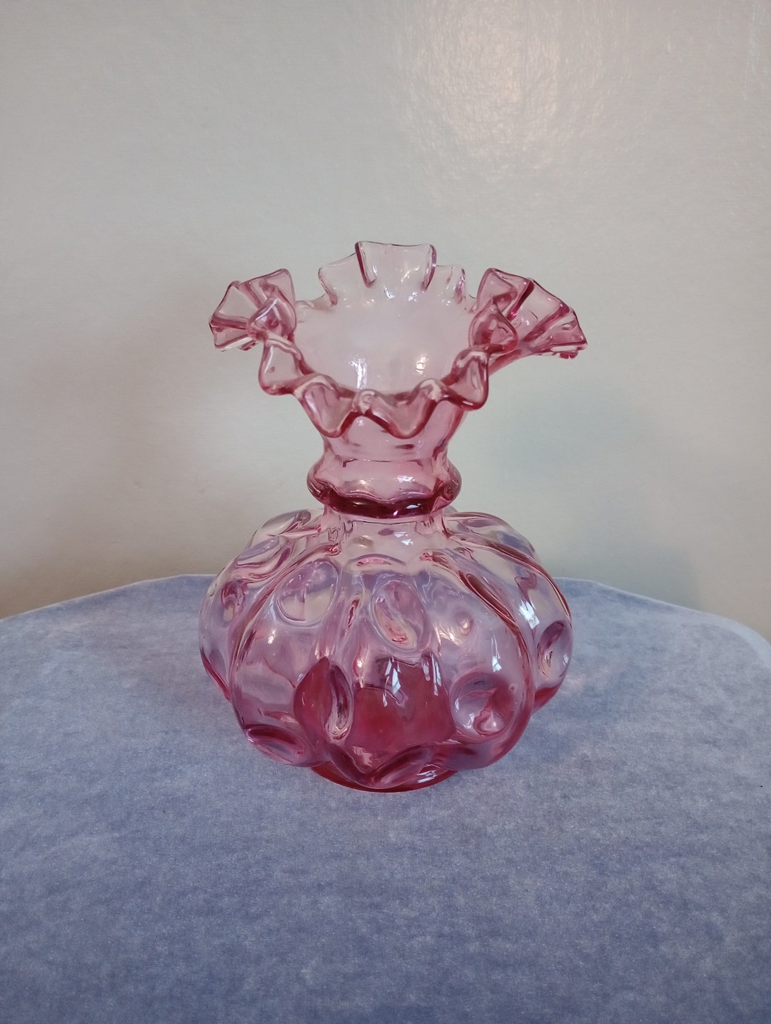 Fenton Cranberry Melon Vase Art Glass Optic Coin Dot Vase With Ruffled ...