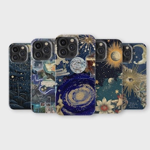 May include: Set of six phone cases featuring a celestial theme with a collage of images including stars, planets, moons, and constellations. The cases are in shades of blue, gold, and white.