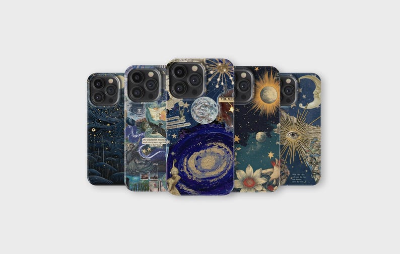 May include: Set of six phone cases featuring a celestial theme with a collage of images including stars, planets, moons, and constellations. The cases are in shades of blue, gold, and white.