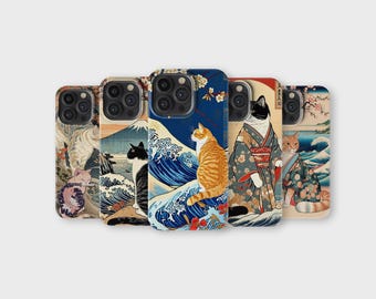 Japanese Cat Phone Case Ukiyo-e Style Artistic Animal Phone Cover for iPhone 16 Pro Max 15 14 13 12 11 X 8 7 Samsung S25 Ultra S24 S23 S22