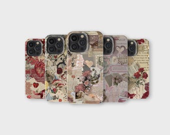 Könnte beinhalten: Fünf verschiedene iPhone-Hüllen mit einer Collage aus Vintage-Papier, Blumen und Herzen. Die Hüllen sind alle in verschiedenen Farben und Mustern.