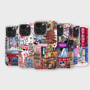 Op de afbeelding: Een verzameling telefoonhoesjes met een Japanse thema. De ontwerpen bevatten afbeeldingen van pagodes, torii-poorten en Japanse tekst, samen met levendige stadsgezichten. De hoesjes tonen een verscheidenheid aan kleuren en patronen.