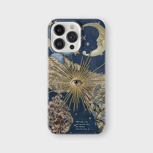 May include: A blue and gold iPhone case with a crescent moon, stars, and an all-seeing eye design. The case features a vintage book page background with the text "Well make a for and count the stan that shener above the trees".