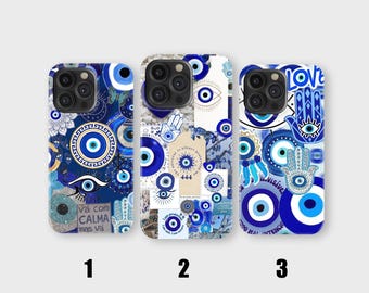 Set of 3 Evil Eye iPhone Case Triple Blue Protective Covers Hamsa Hand Spiritual Gift for Her Anti Negative Energy for iPhone and Samsung