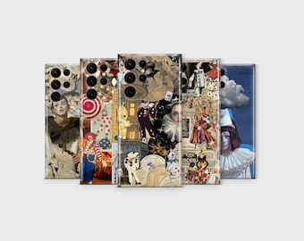 Capa para celular Samsung com estampa vintage do circo Pierrot e colagem de palhaços.