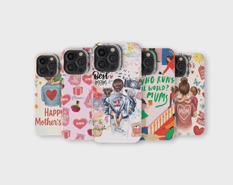 Mother’s Day Phone Case Cute Mom and Kid Illustration Gift for iPhone 16 Pro Max 15 14 13 12 11 X 8 7 Samsung S25 Ultra S24 S23 S22 S21 S20