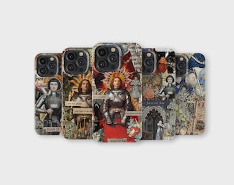 May include: A collection of phone cases featuring artwork of Joan of Arc. The cases display images of Joan in armor, with text overlays including "I am not afraid" and "Joan of Arc". The cases have a collage-like design with various colors.