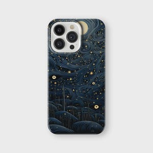 May include: A black phone case with a swirling blue and gold design. The design features a crescent moon and stars.
