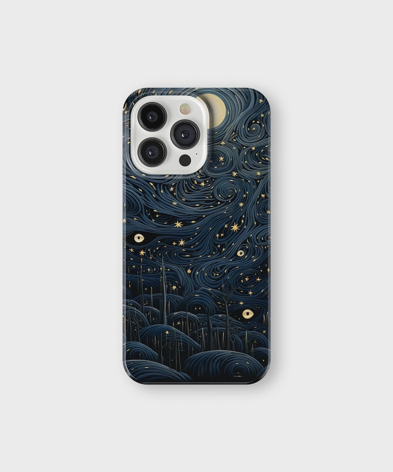 May include: A black phone case with a swirling blue and gold design. The design features a crescent moon and stars.