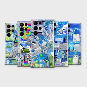 Puede incluir: Una colección de fundas para teléfonos con estética Y2K. Cada funda presenta un diseño único con elementos como un arcoíris, cursores de ordenador, CDs y un gato. La paleta de colores incluye azules, verdes y blancos.