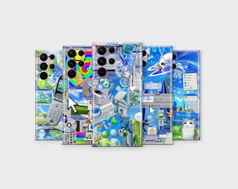 May include: A collection of phone cases with a Y2K aesthetic. Each case features a unique design with elements like a rainbow, computer cursors, CDs, and a cat. The color palette includes blues, greens, and whites.