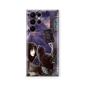 May include: A rectangular smartphone case featuring a dark purple collage design. The graphic includes a black cat, a person with dark hair, a bat, a guitar, a potion bottle, and a book with the text "Metal Fairy Wings" printed on the cover.