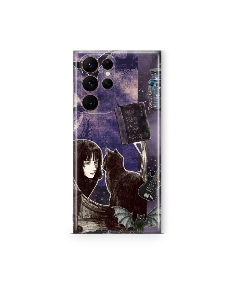 May include: A rectangular smartphone case featuring a dark purple collage design. The graphic includes a black cat, a person with dark hair, a bat, a guitar, a potion bottle, and a book with the text "Metal Fairy Wings" printed on the cover.